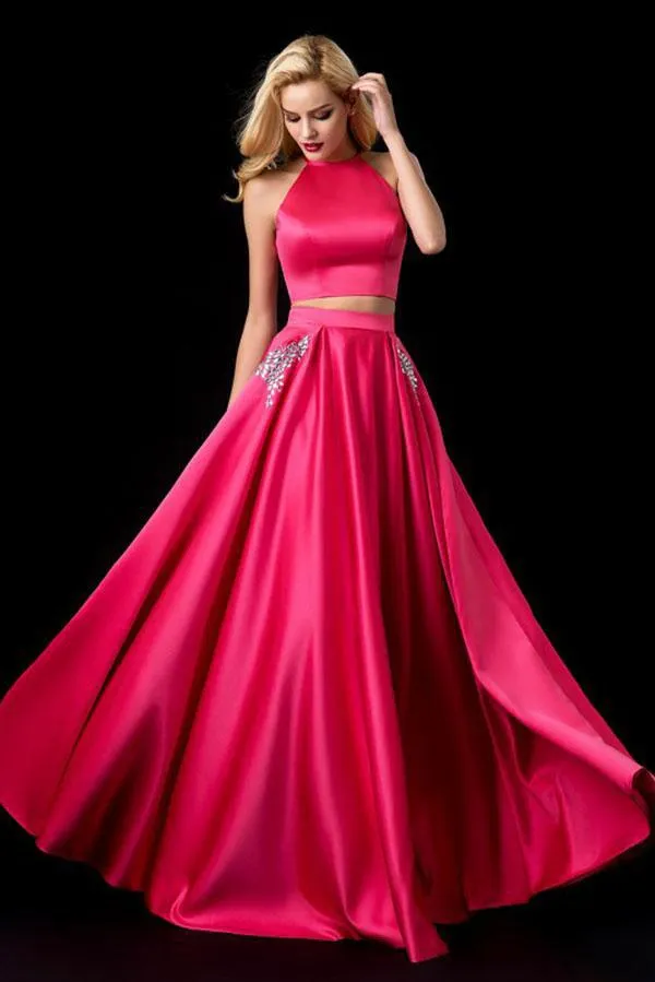 Two Piece Halter Sleeveless Open Back A Line Long Prom Dresses,Evening Dresses PFP0239