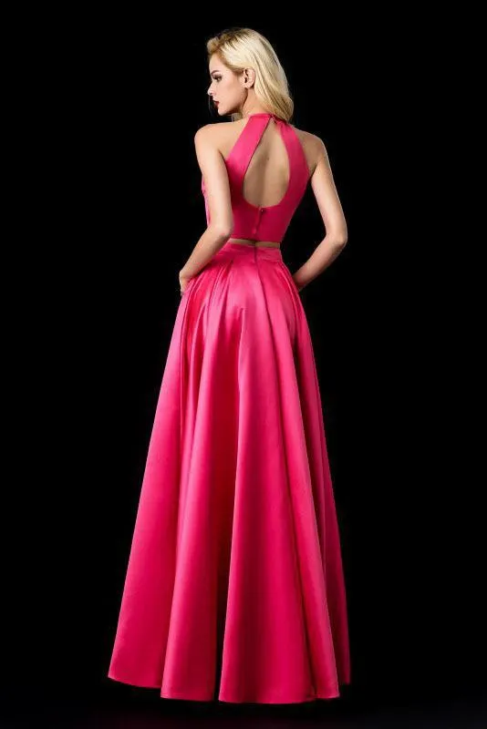 Two Piece Halter Sleeveless Open Back A Line Long Prom Dresses,Evening Dresses PFP0239