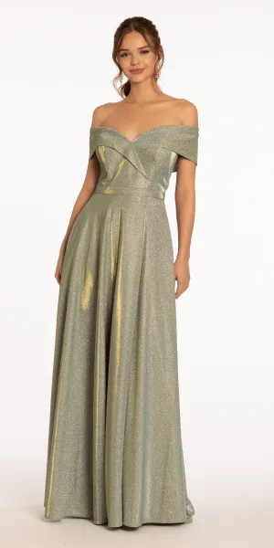 Two Tone  Metallic Off the Shoulder Mock Wrap Dress