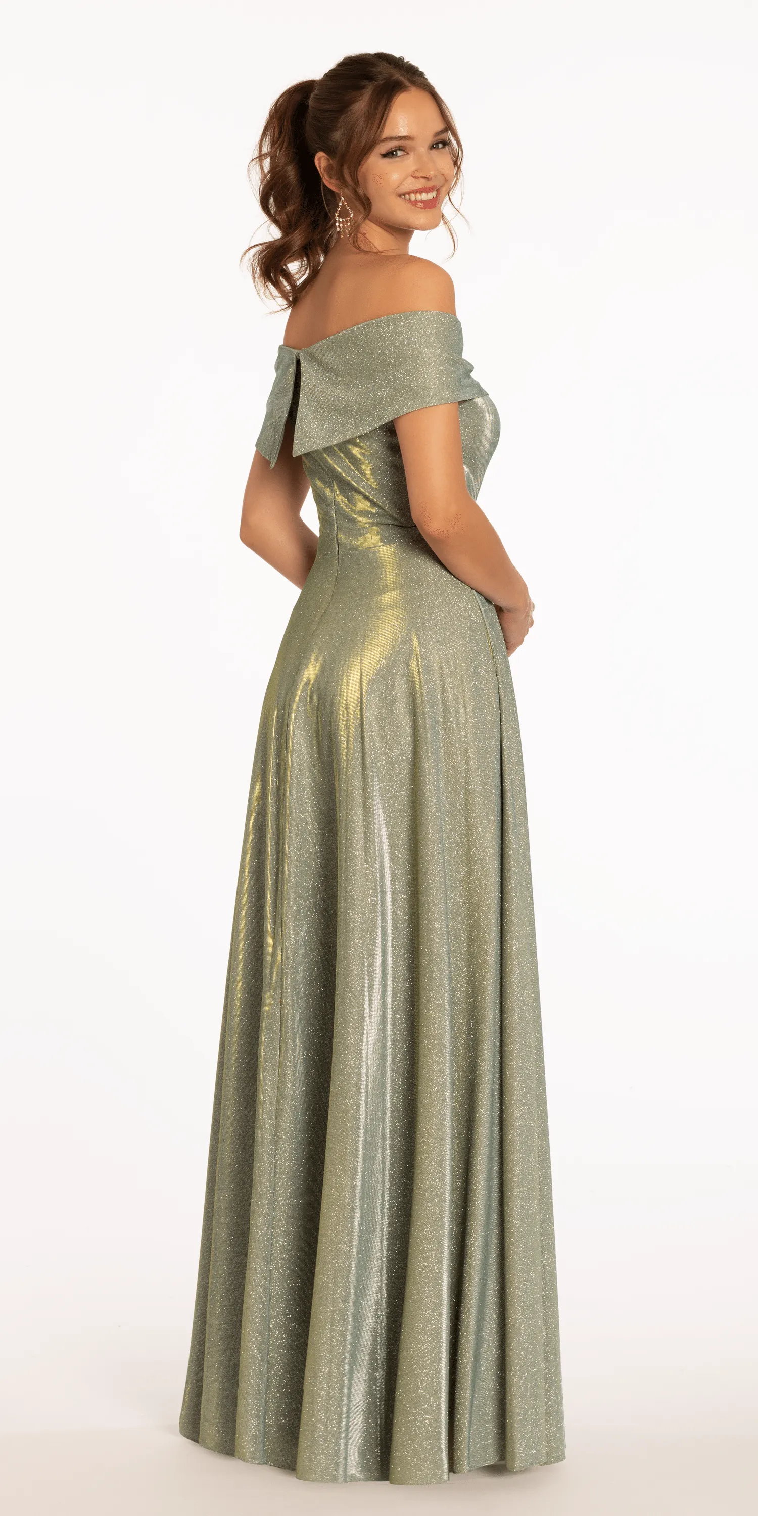 Two Tone  Metallic Off the Shoulder Mock Wrap Dress