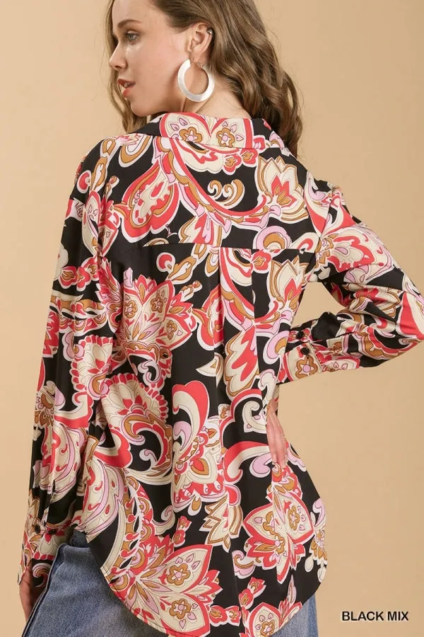 Umgee Floral Print Button Up Shirt With Hi-Lo Hemline
