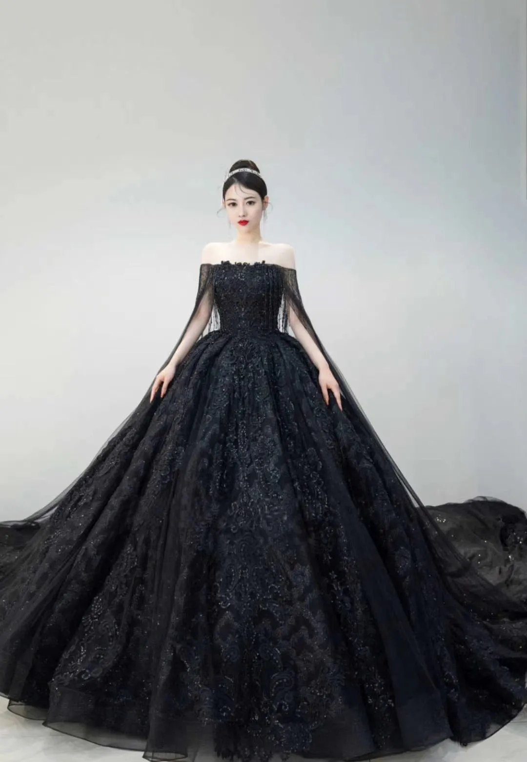 Unique off shoulder black lace sparkling glitter ball gown wedding prom dress 2020
