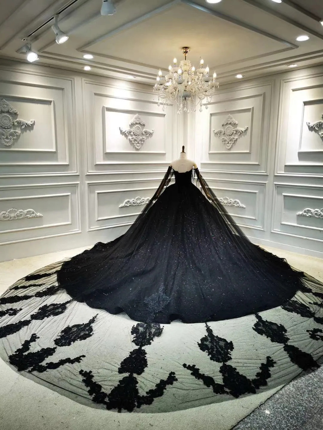Unique off shoulder black lace sparkling glitter ball gown wedding prom dress 2020