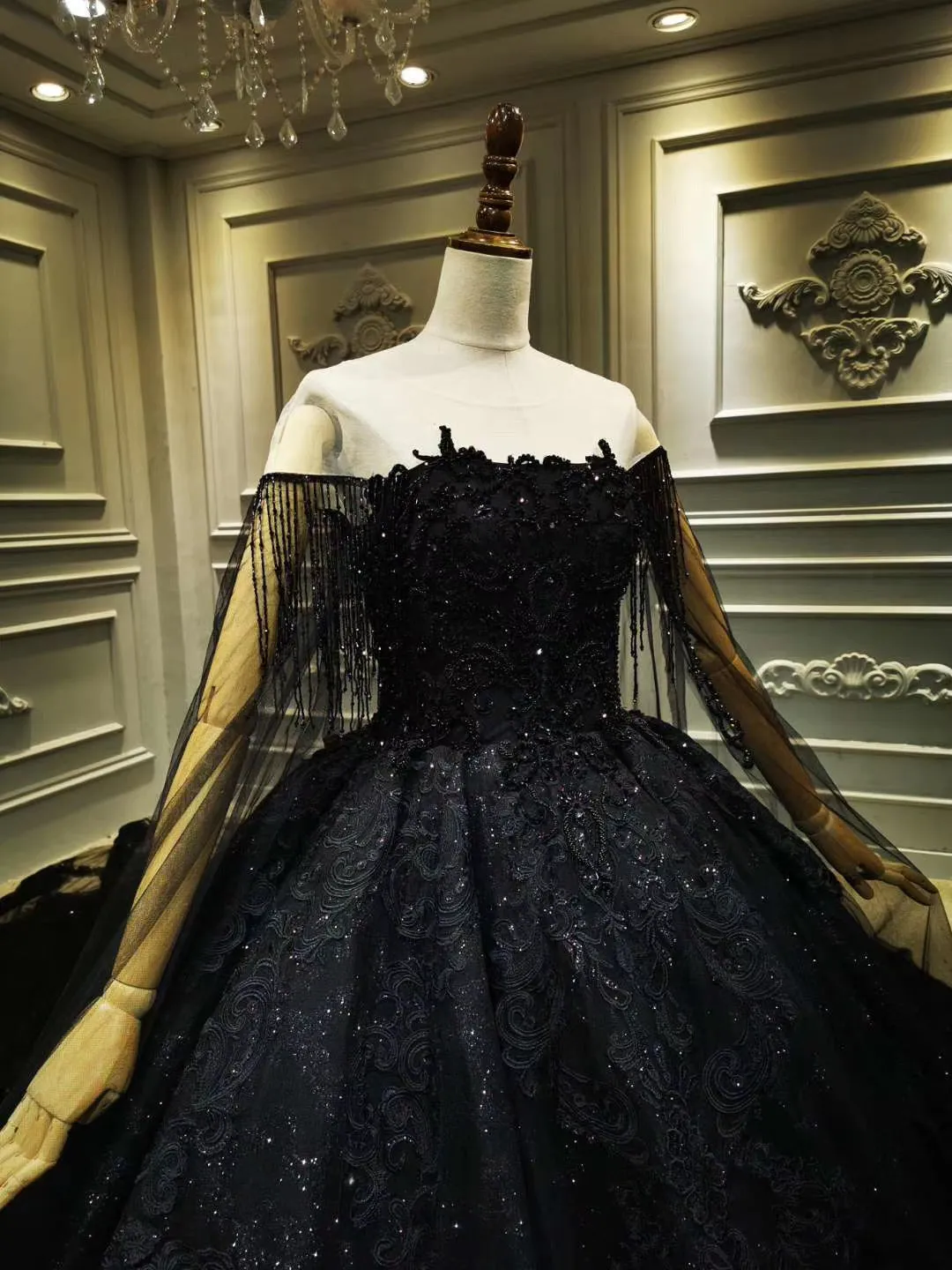Unique off shoulder black lace sparkling glitter ball gown wedding prom dress 2020