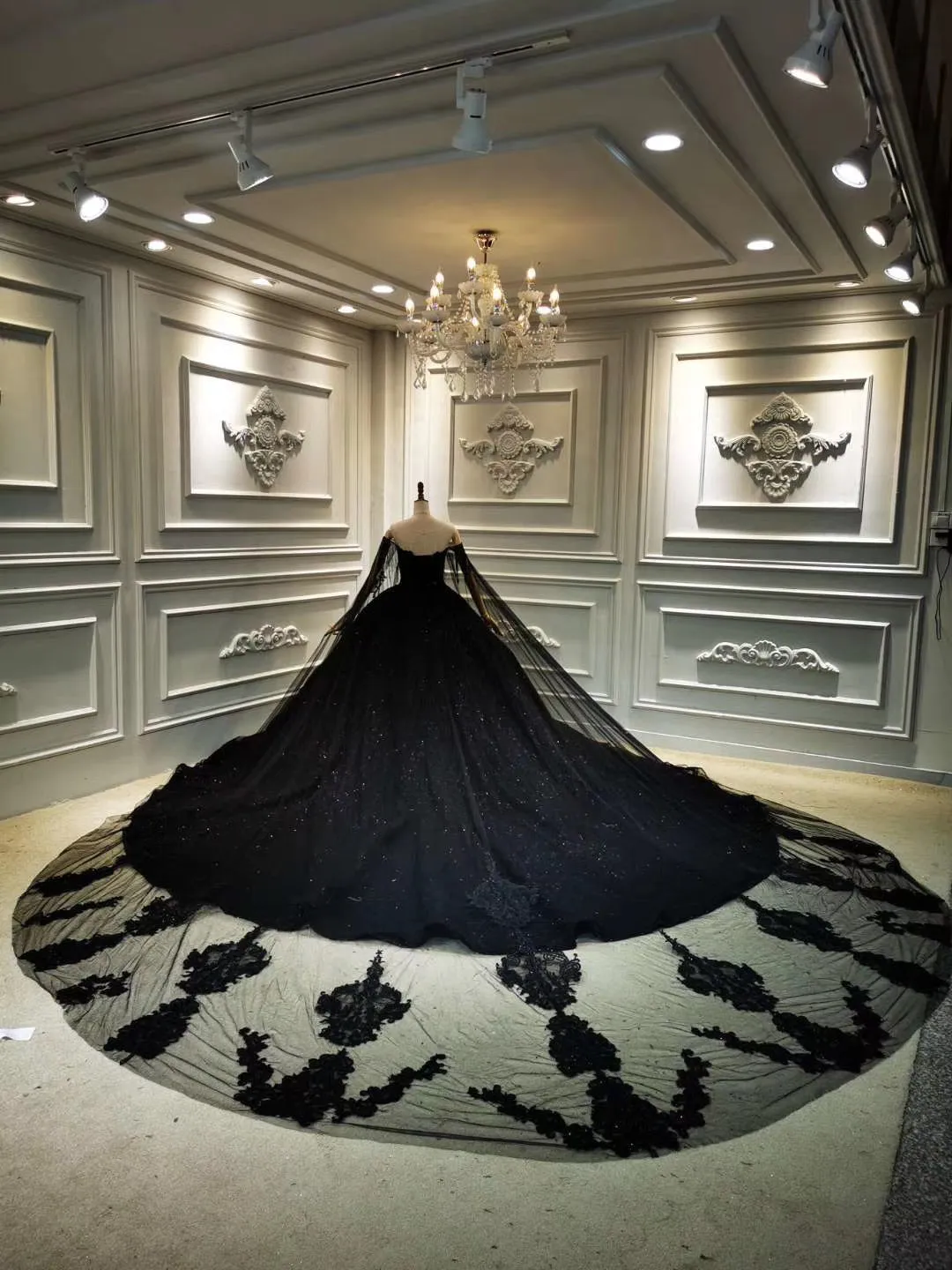Unique off shoulder black lace sparkling glitter ball gown wedding prom dress 2020