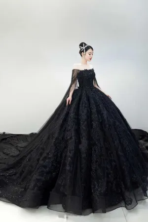 Unique off shoulder black lace sparkling glitter ball gown wedding prom dress 2020