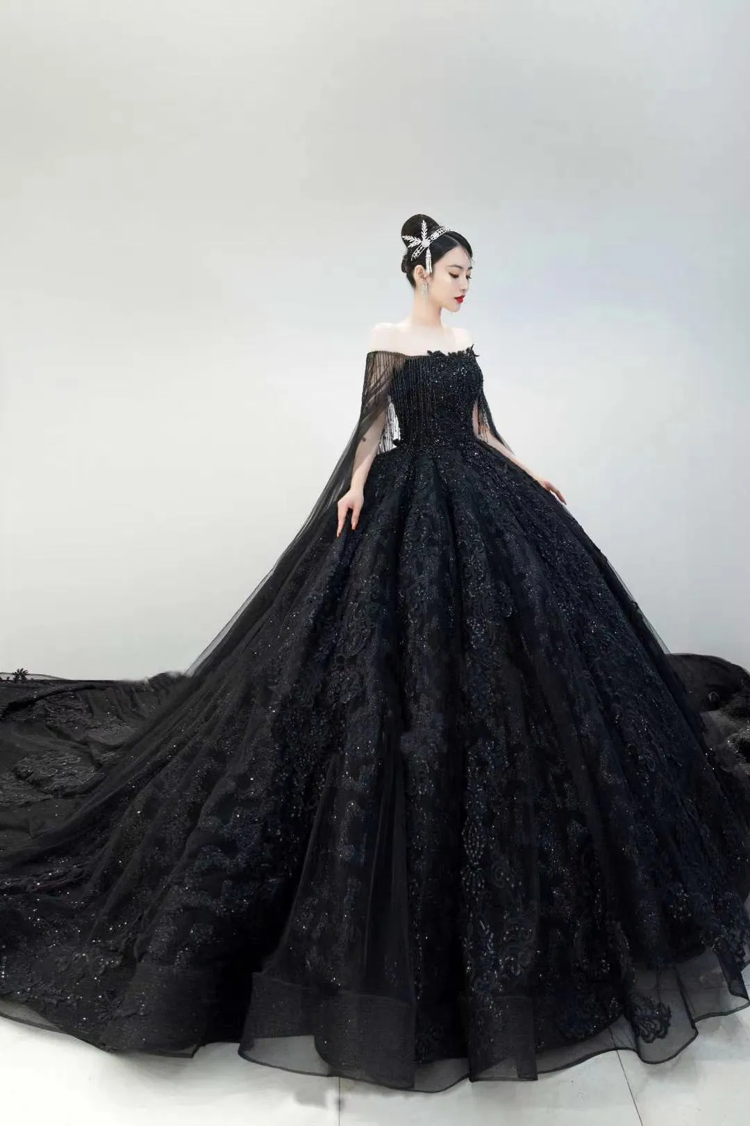 Unique off shoulder black lace sparkling glitter ball gown wedding prom dress 2020