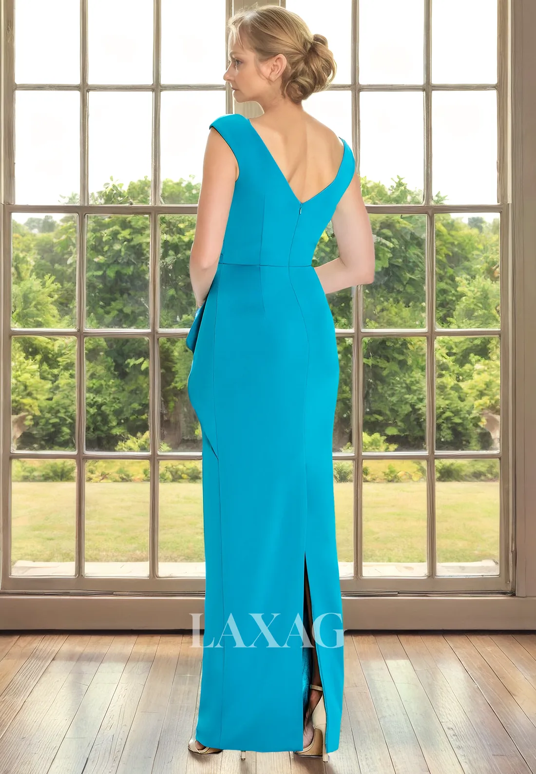 V-Neck Pleated Sleek Satin Floor-Length Elegant Mother of the Bride Dress