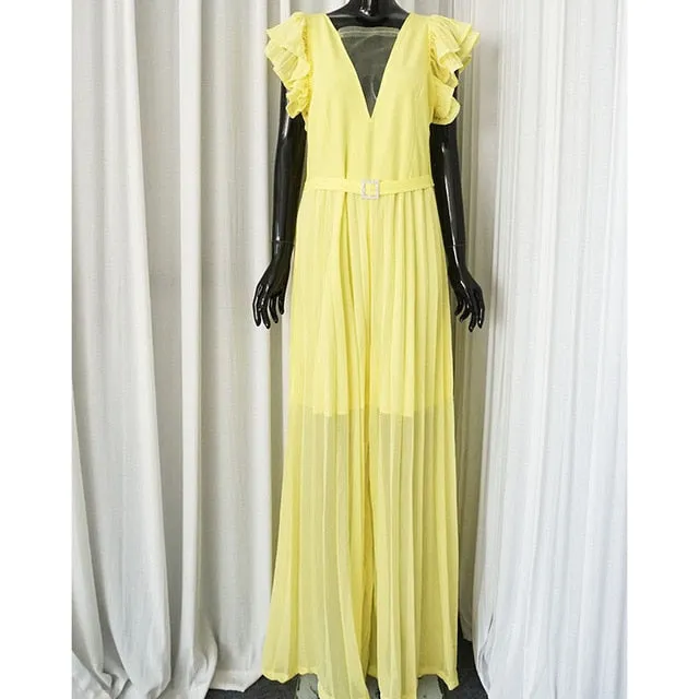 V-Neck Ruffles Pleated Wide Leg Pants