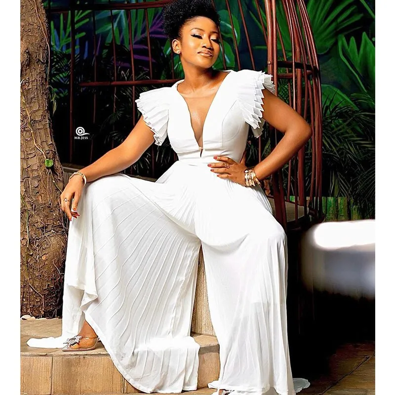 V-Neck Ruffles Pleated Wide Leg Pants