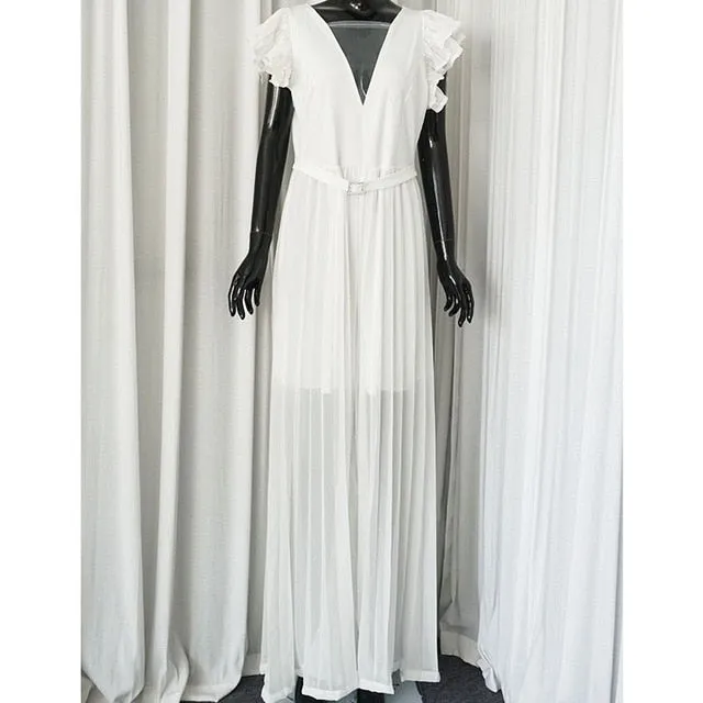V-Neck Ruffles Pleated Wide Leg Pants