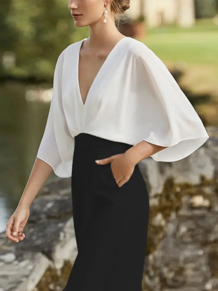 V-neck Short Sleeve High Waist Wide-leg Pants Jumpsuit