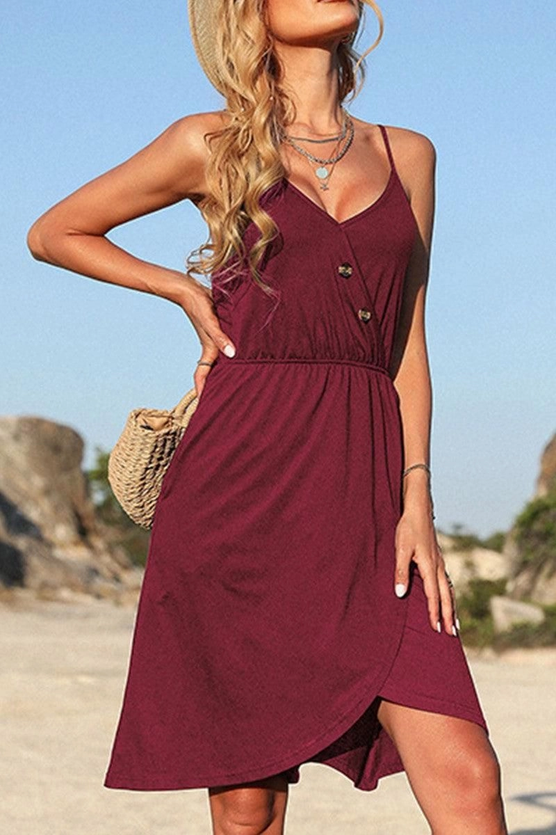 V NECK BUTTON TIGHTEN WAIST CAMISOLE DRESS