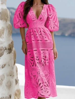 V Neck Cut Out Lace Embroidered Dress ??Elegant Women's Dress V Neck Cut Out Lace Embroidered Dress ??Elegant Women's Dress