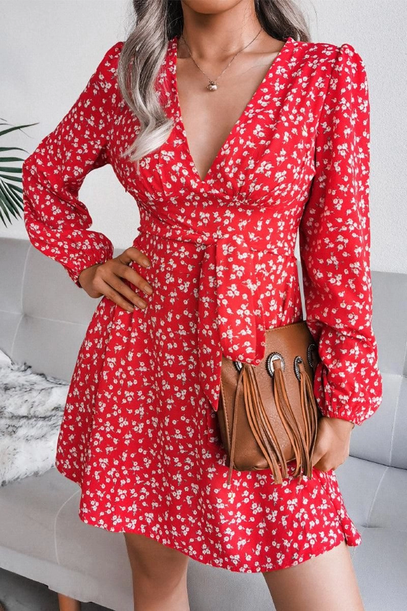 V NECK LONG SLEEVE FLORAL CHIFFON DRESS