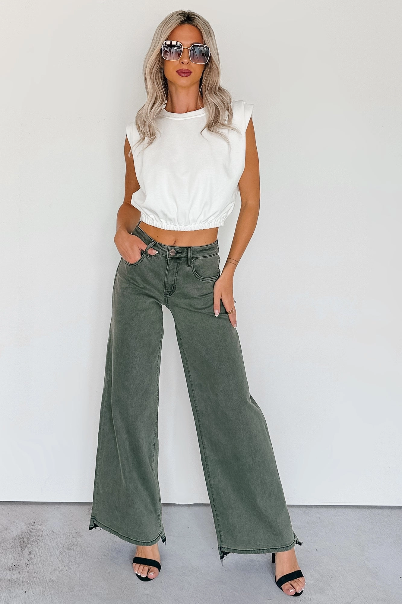 Valencia High Rise Wide Leg Mica Denim Jeans (Dark Green)