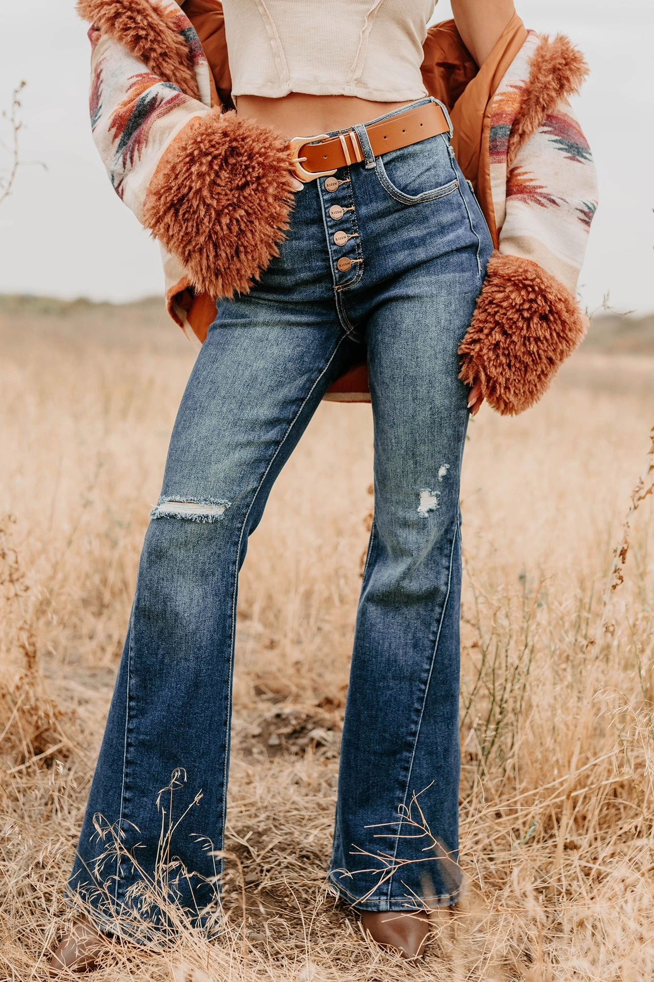 Valina High Rise Tummy Control Buttoned Flare Risen Jeans (Dark)