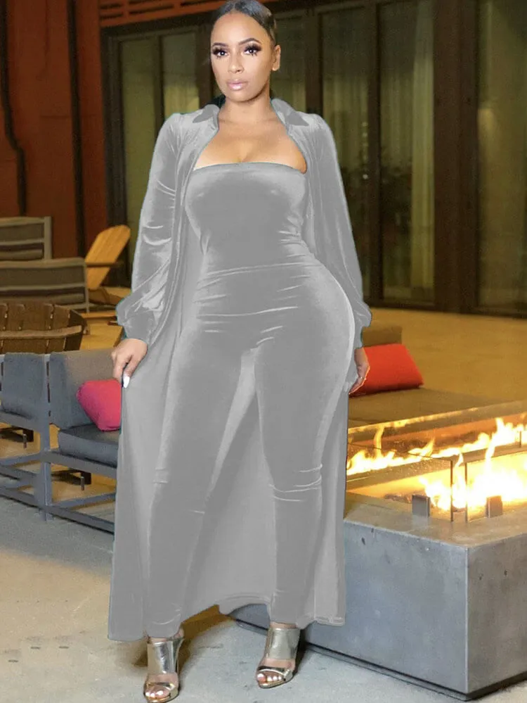 Velvet 2 Piece Long Sleeve Cardigan Tube Jumpsuits