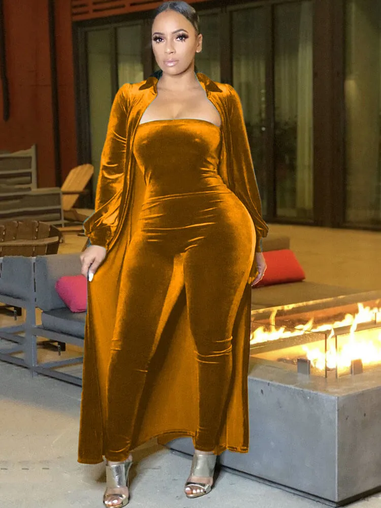 Velvet 2 Piece Long Sleeve Cardigan Tube Jumpsuits