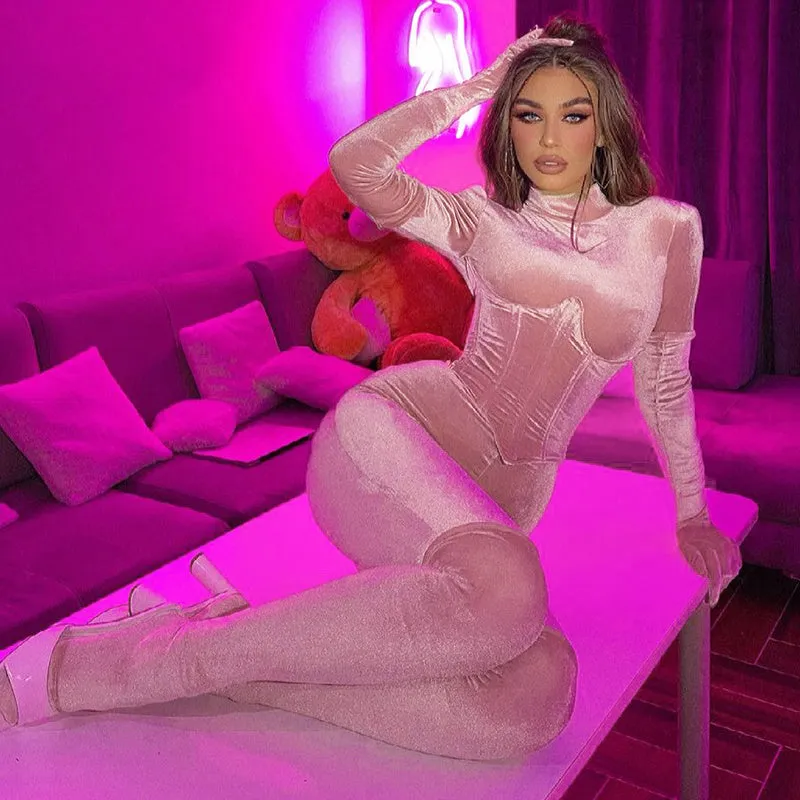 velvet high neck shoulder pad corset jumpsuit