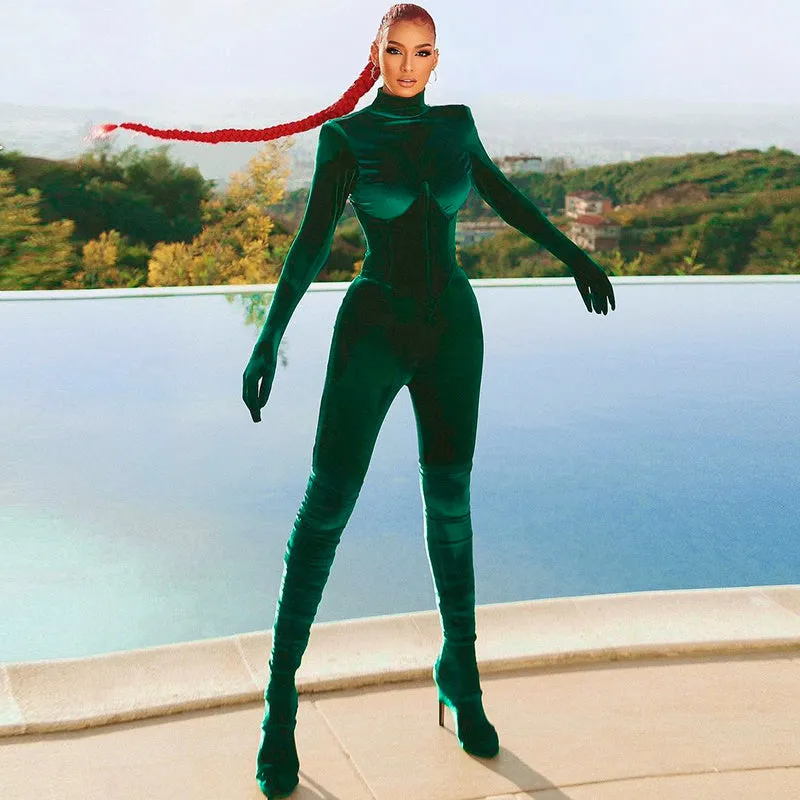 velvet high neck shoulder pad corset jumpsuit