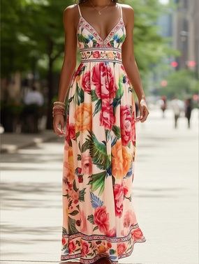 Verona Macaw & Peony Floral Print Resort Strappy Sundress ??Tropical Summer Flowy Dress Verona Macaw & Peony Floral Print Resort Strappy Sundress ??Tropical Summer Flowy Dress