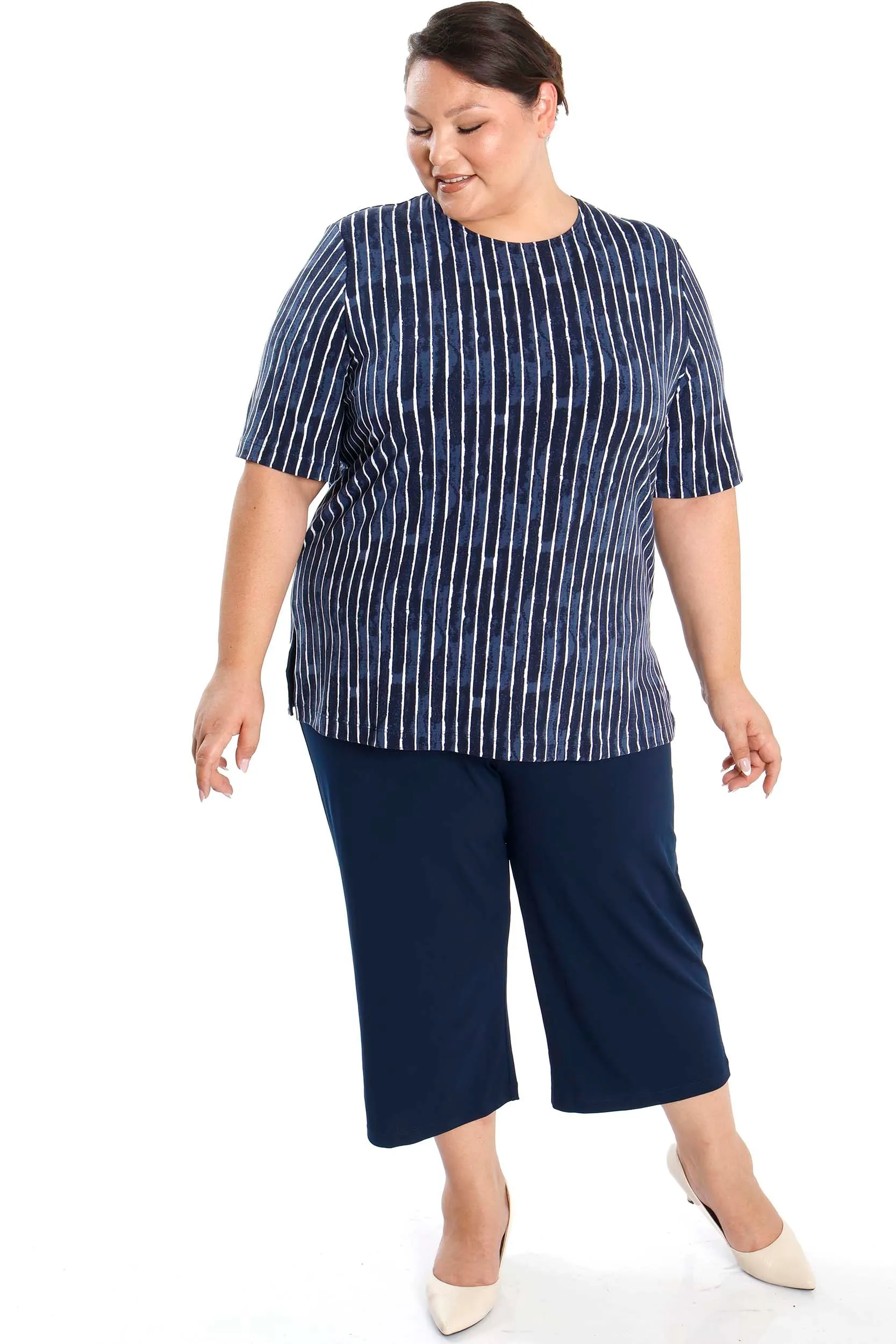 Vikki Vi Jersey Navy Pinstripe Short Sleeve Tunic