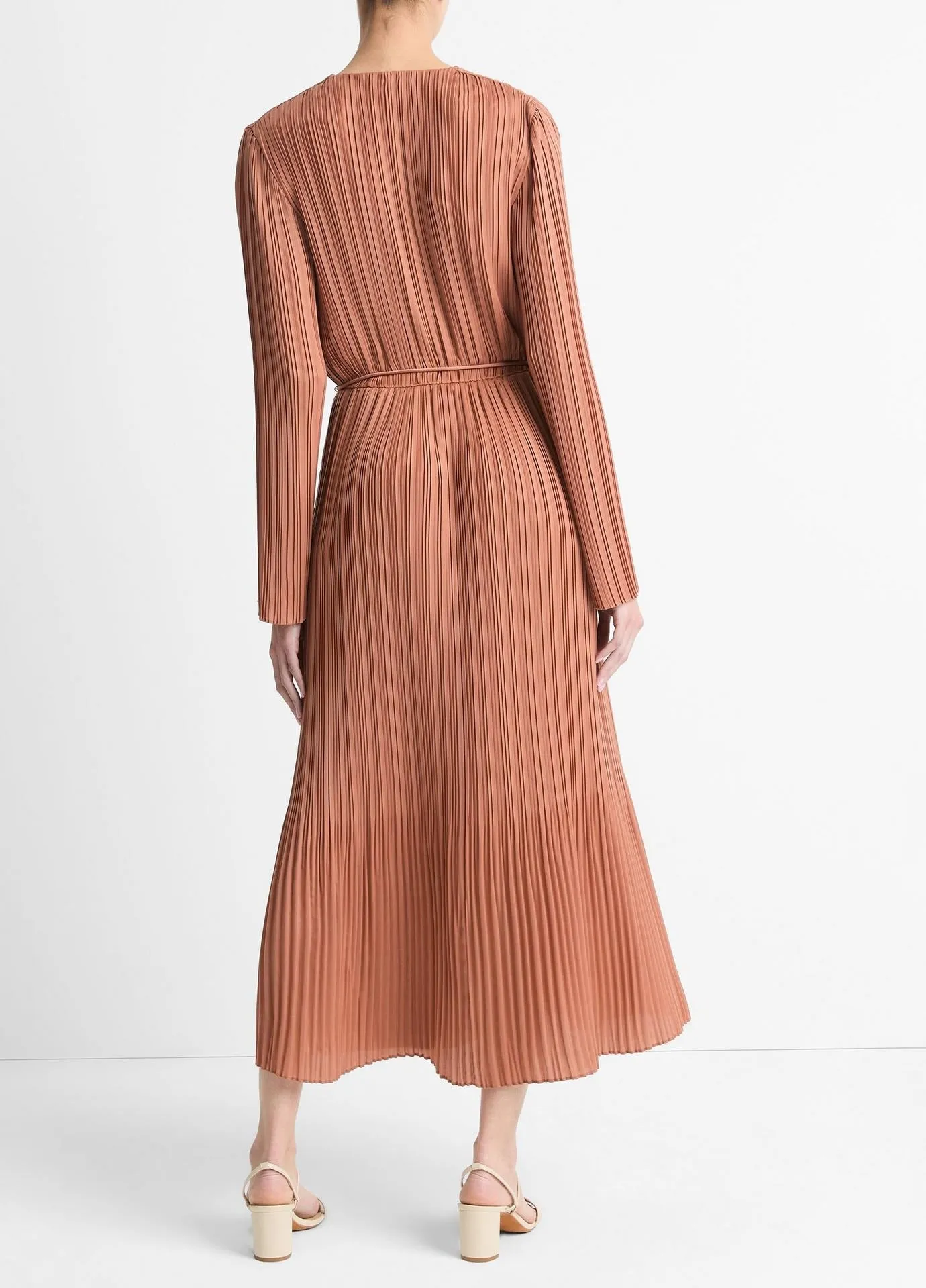 Vince Pleated Satin Long-Sleeve Dress in Vintage Rose