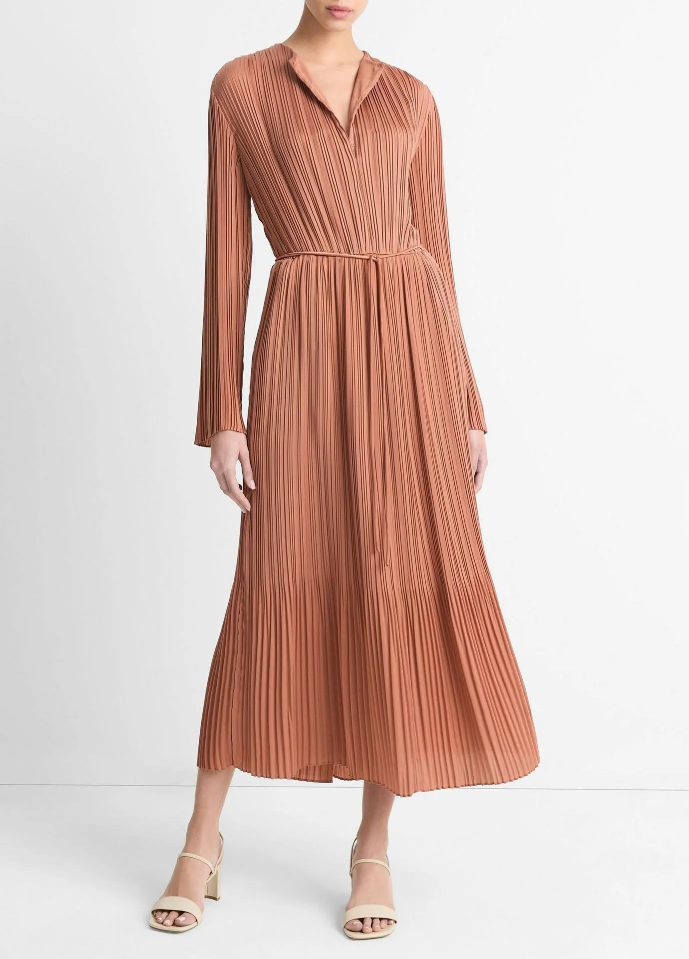 Vince Pleated Satin Long-Sleeve Dress in Vintage Rose
