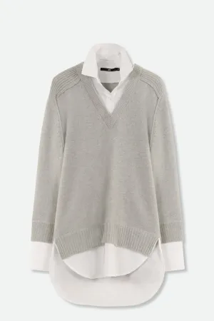 VINNIE SHIRTED V-NECK SWEATER IN FINE ITALIAN STRETCH POPLIN | IN STORE ONLY VINNIE SHIRTED V-NECK SWEATER IN FINE ITALIAN STRETCH POPLIN | IN STORE ONLY