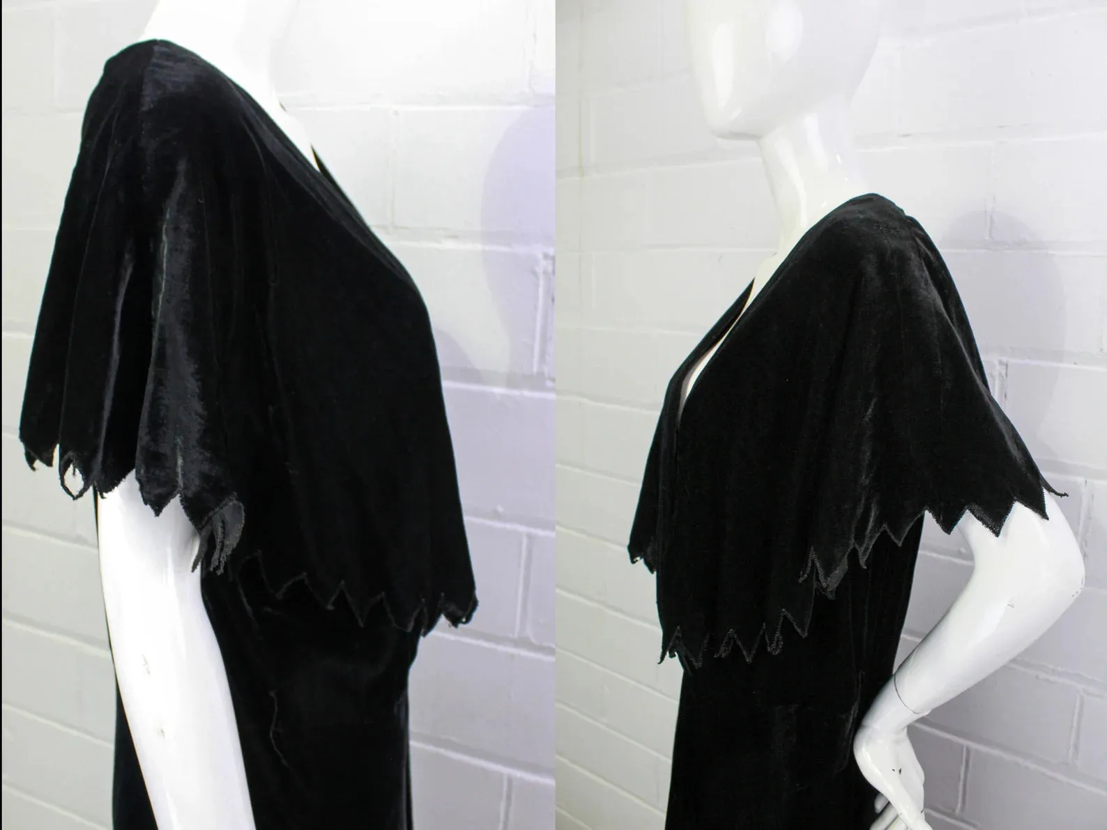 Vintage 1920s/ 30s Black Silk Velvet Zig-Zag Capelet Collar Dress, Deep V, B40"