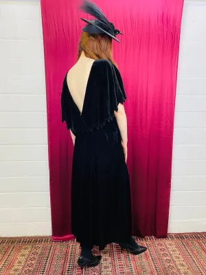 Vintage 1920s/ 30s Black Silk Velvet Zig-Zag Capelet Collar Dress, Deep V, B40"