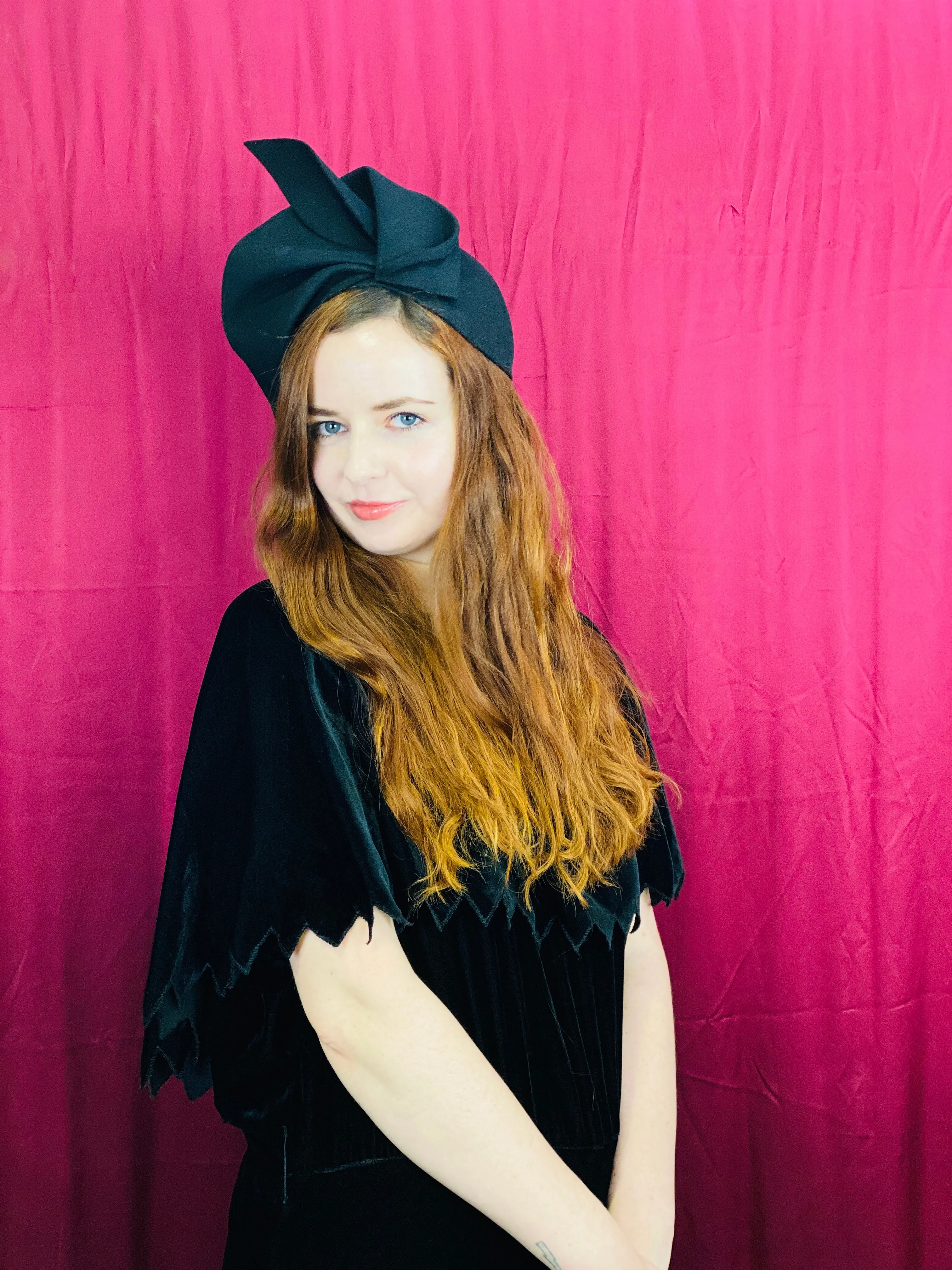 Vintage 1920s/ 30s Black Silk Velvet Zig-Zag Capelet Collar Dress, Deep V, B40"