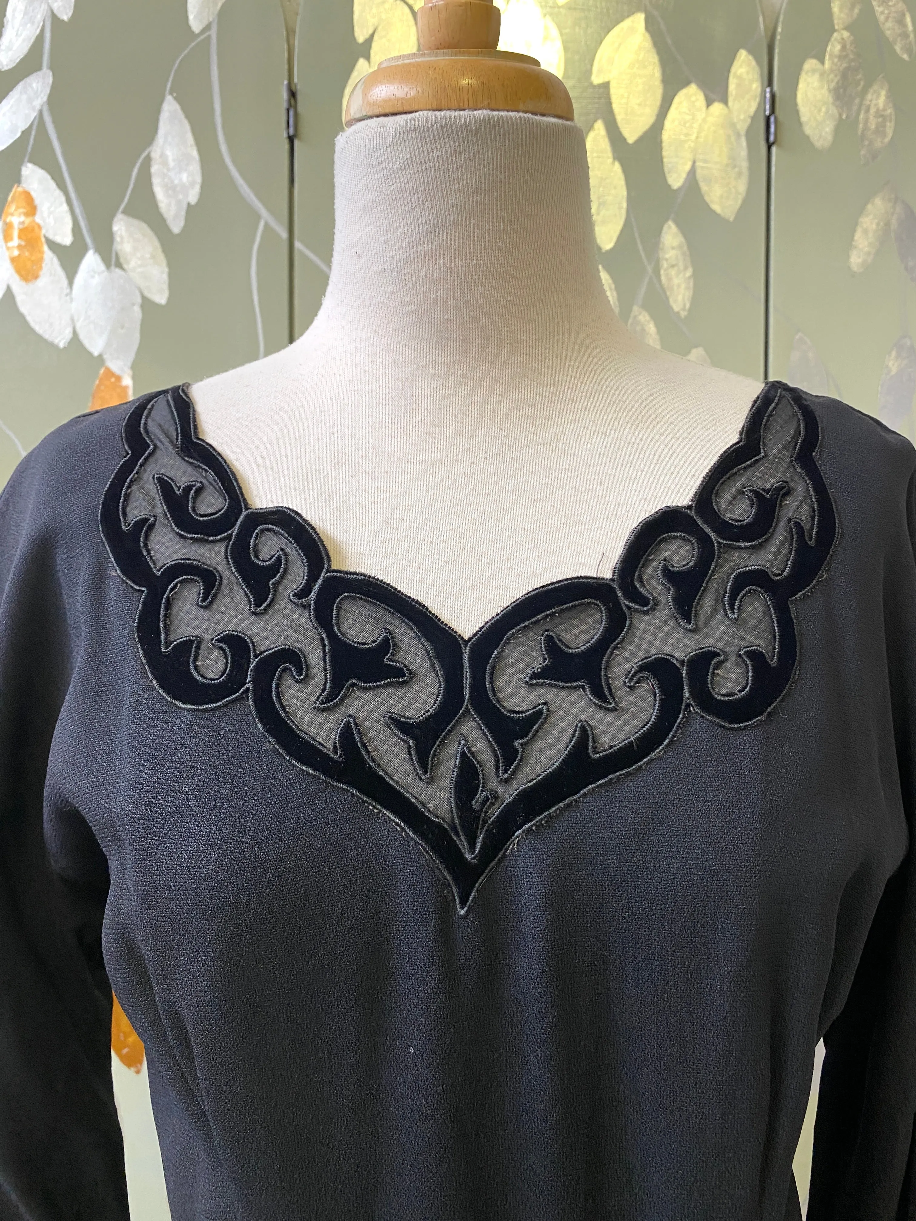Vintage 1950s Black Crepe Sheath Dress with Velvet Neckline, Medium