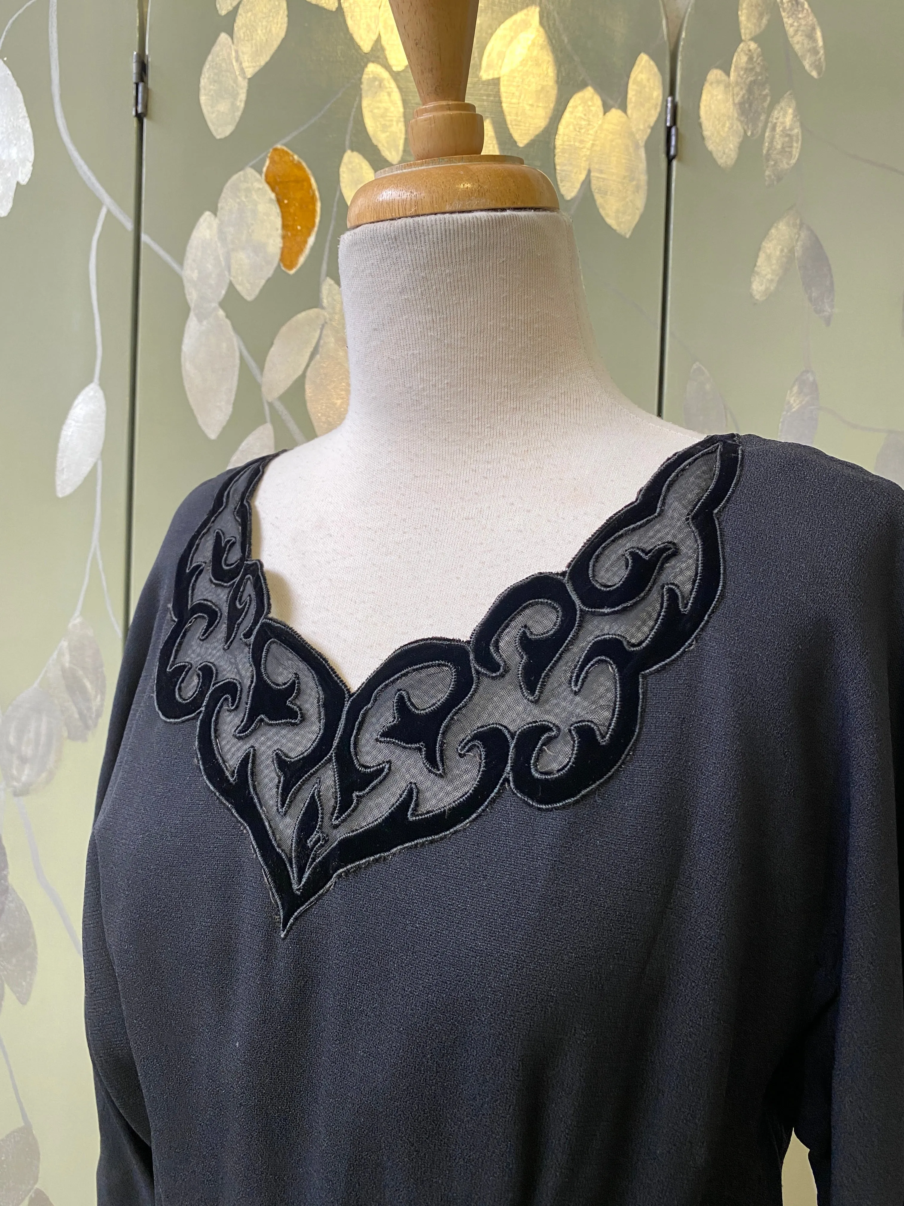 Vintage 1950s Black Crepe Sheath Dress with Velvet Neckline, Medium