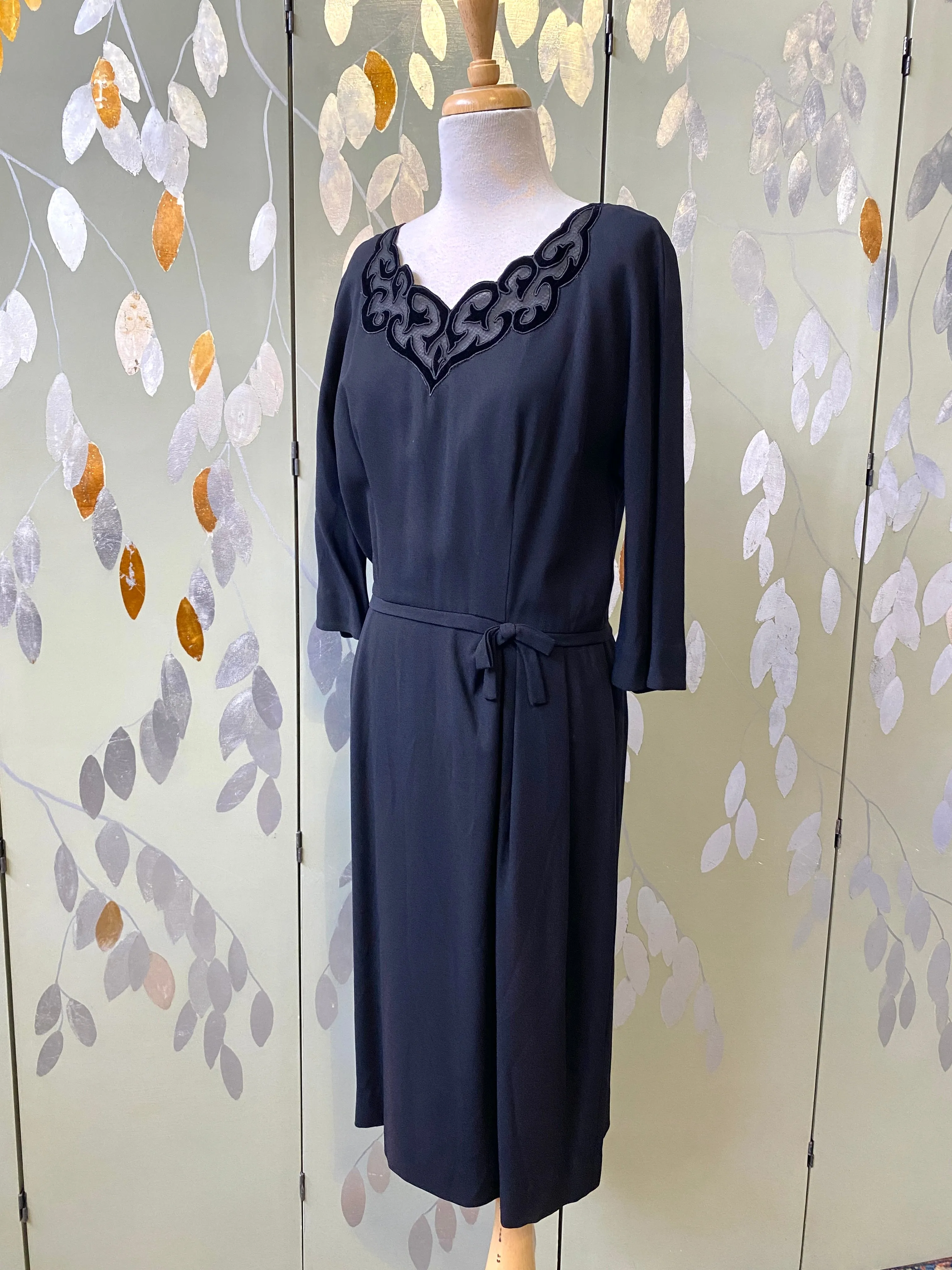 Vintage 1950s Black Crepe Sheath Dress with Velvet Neckline, Medium