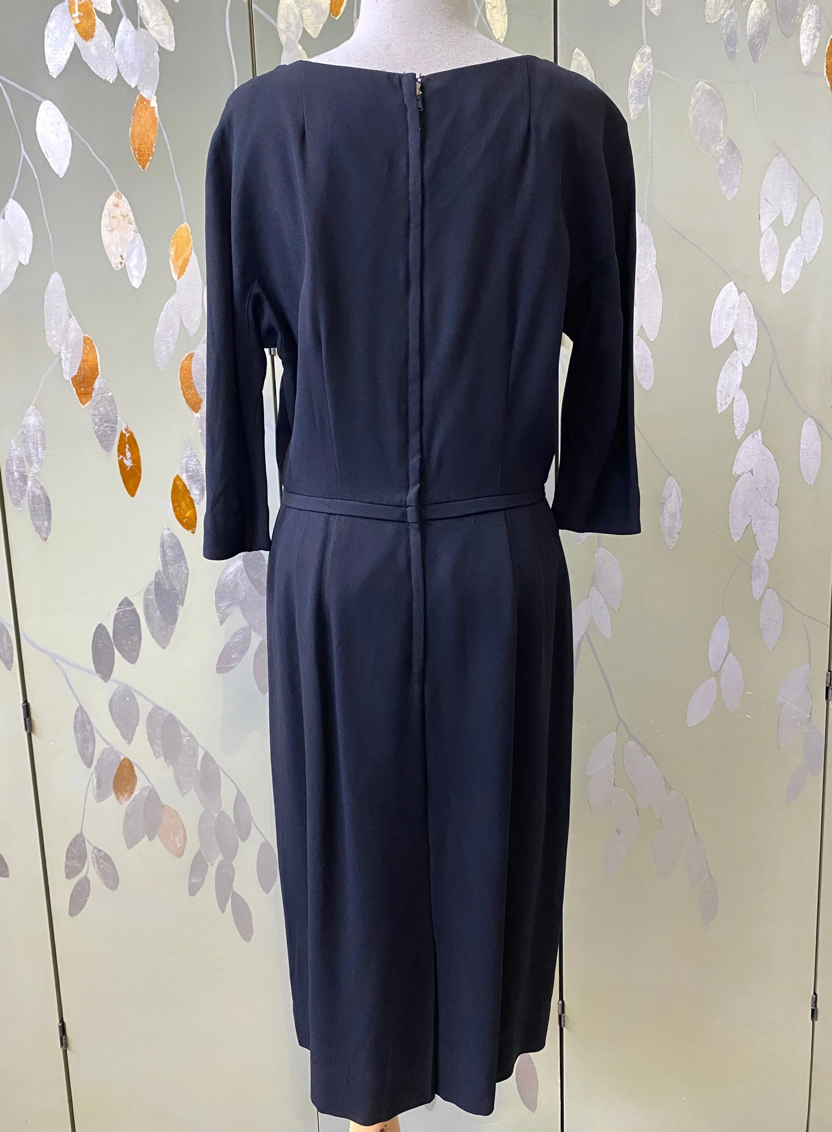 Vintage 1950s Black Crepe Sheath Dress with Velvet Neckline, Medium