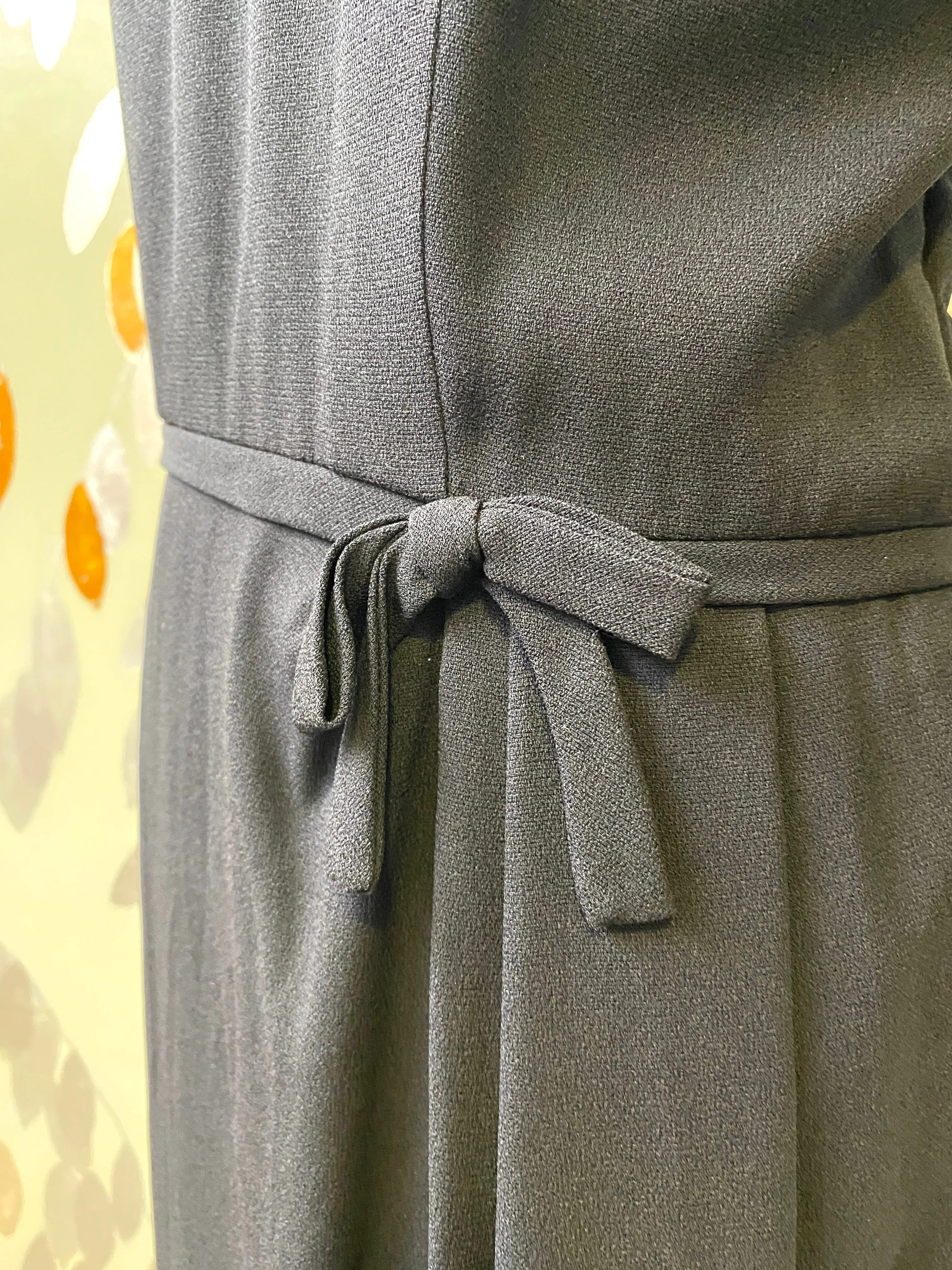 Vintage 1950s Black Crepe Sheath Dress with Velvet Neckline, Medium