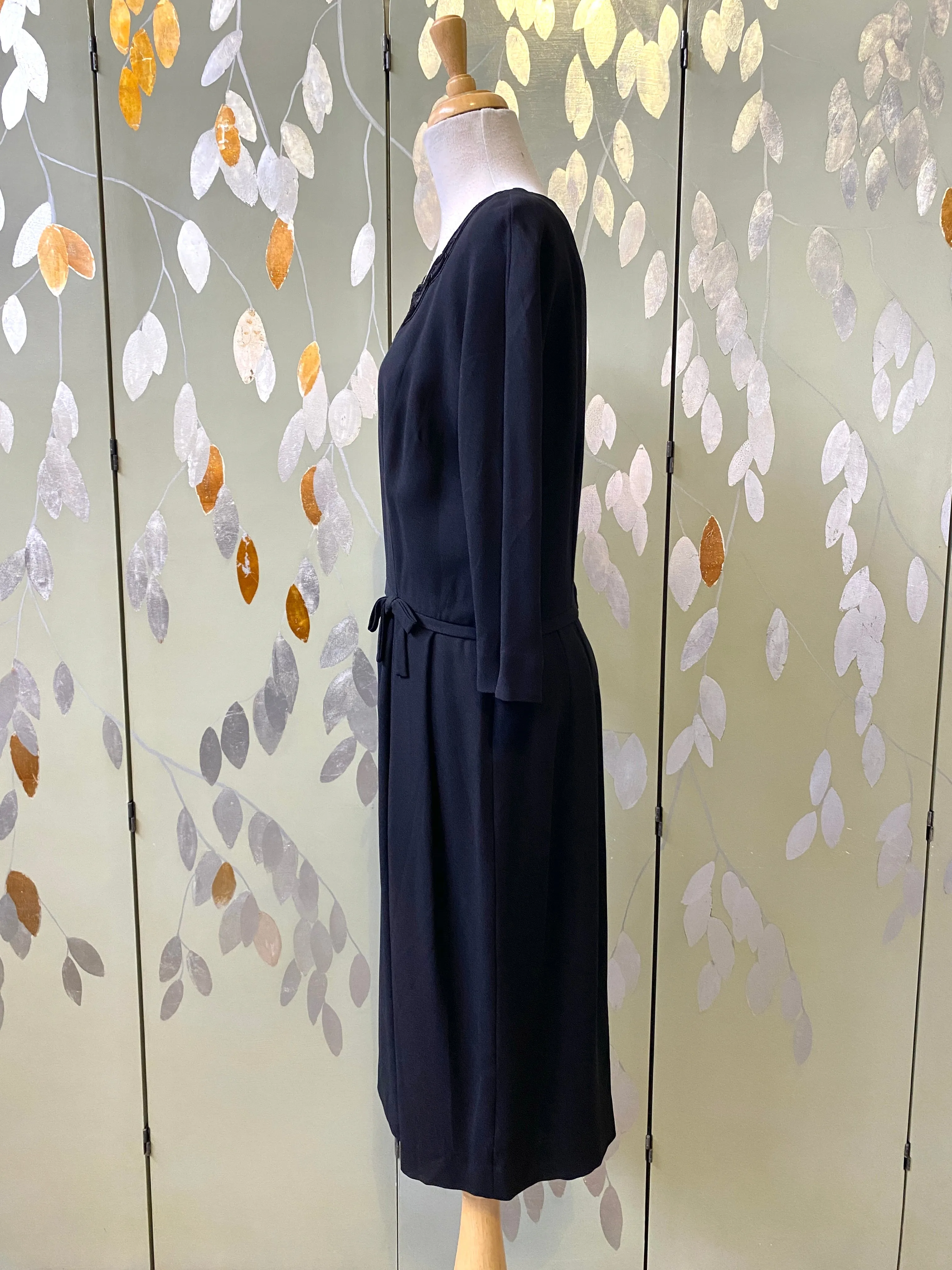 Vintage 1950s Black Crepe Sheath Dress with Velvet Neckline, Medium