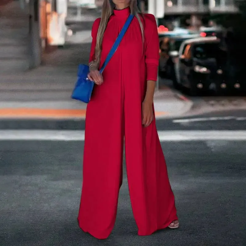 Vintage High Collar Pleated Wide Leg Jumpsuit