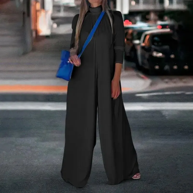 Vintage High Collar Pleated Wide Leg Jumpsuit