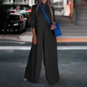 Vintage High Collar Pleated Wide Leg Jumpsuit