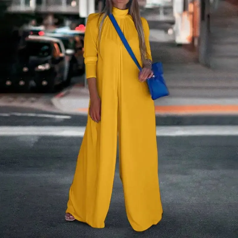 Vintage High Collar Pleated Wide Leg Jumpsuit