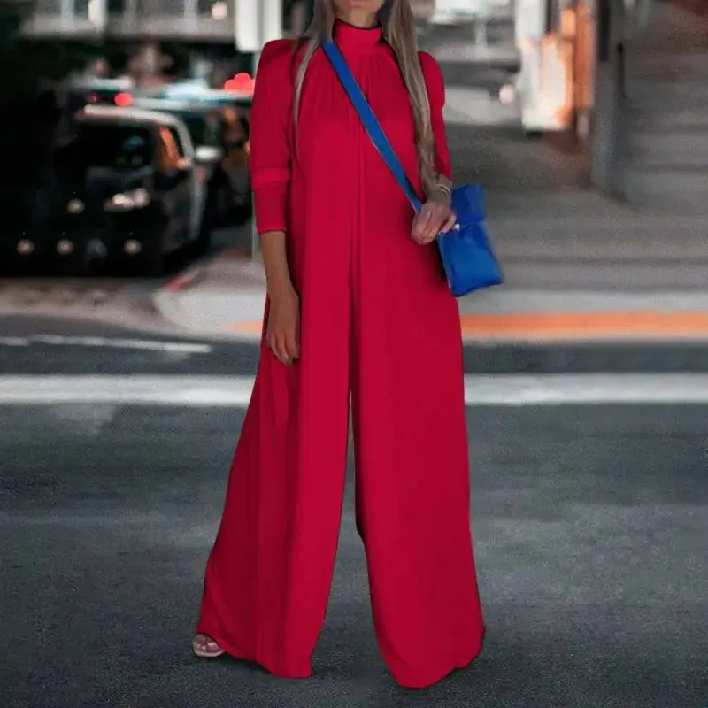 Vintage High Collar Pleated Wide Leg Jumpsuit
