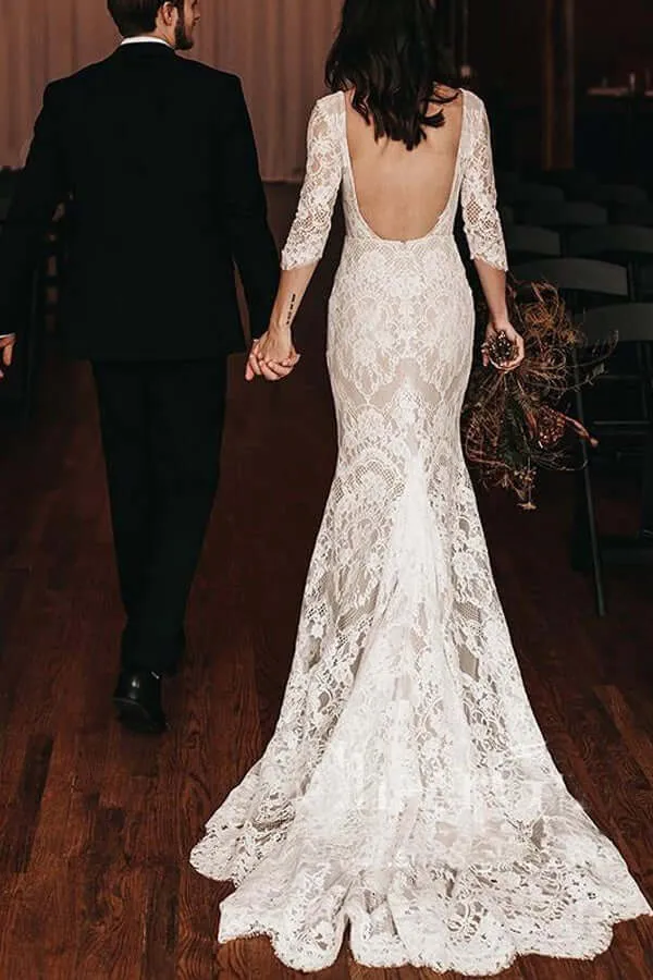 Vintage Ivory Lace Mermaid V-neck Wedding Dresses With Chapel Train, SW492