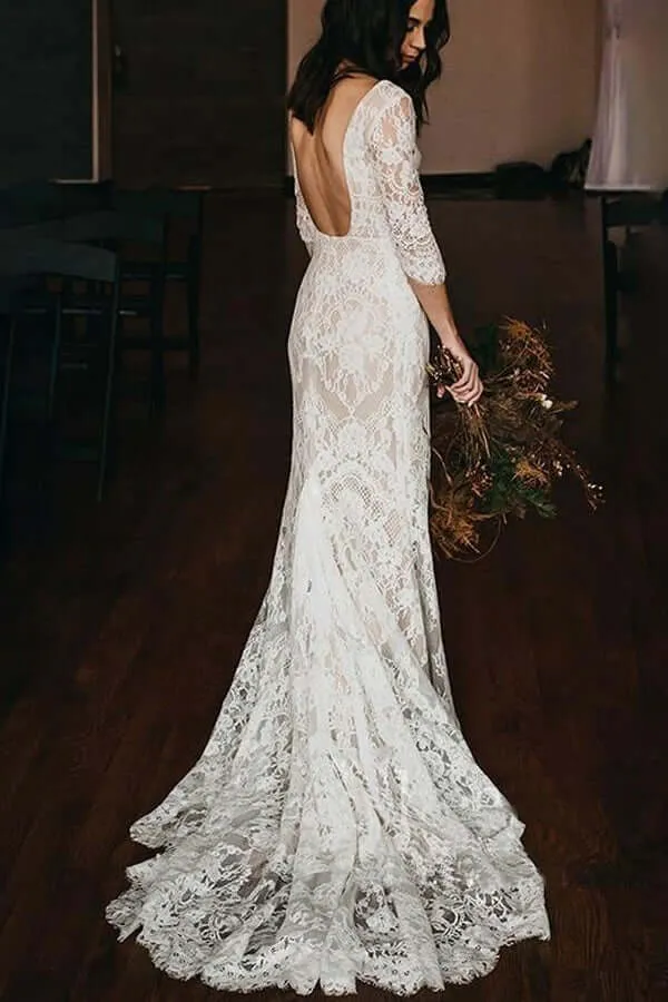 Vintage Ivory Lace Mermaid V-neck Wedding Dresses With Chapel Train, SW492
