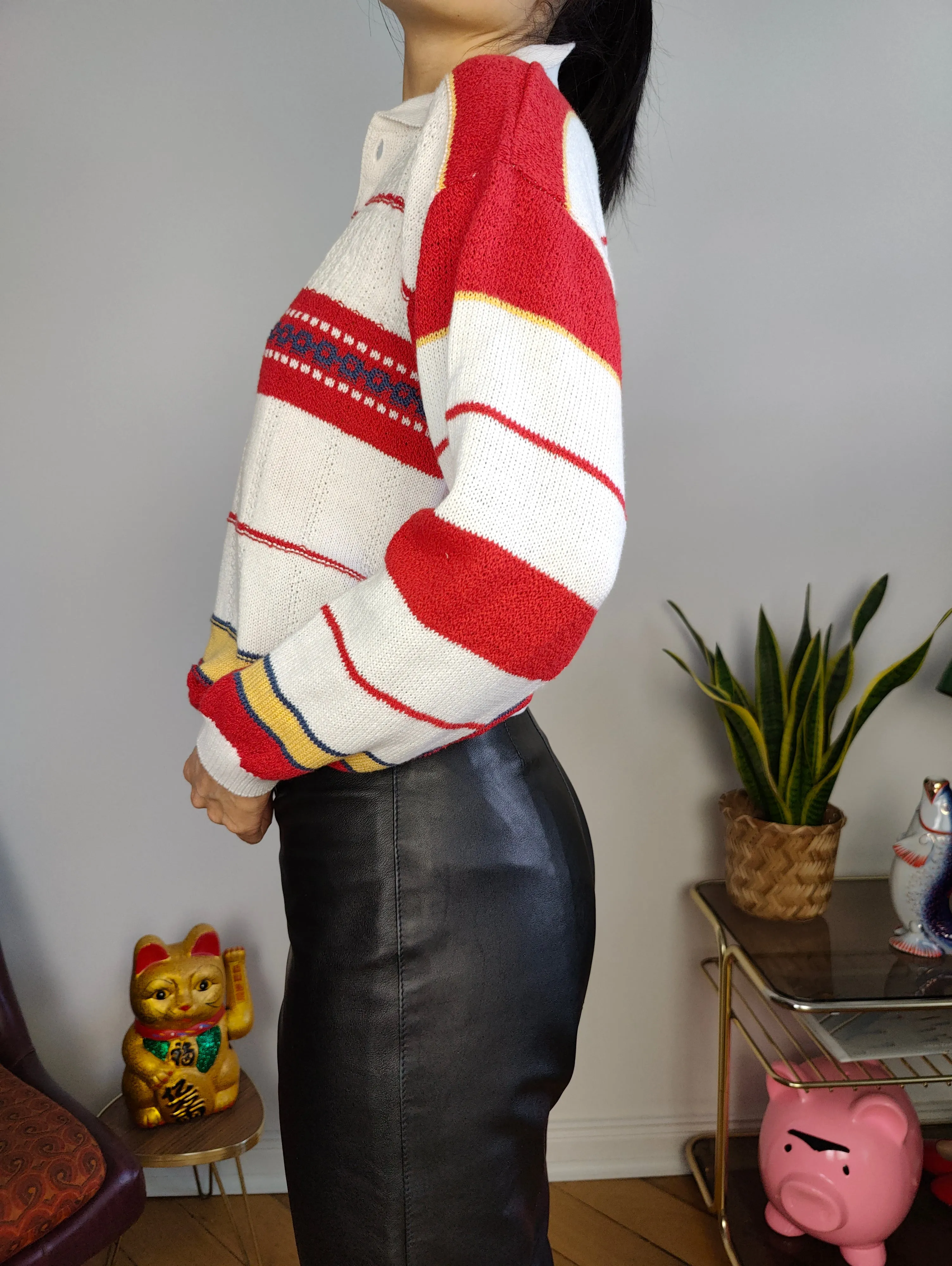 Vintage knit polo collar sweater knitted top pullover jumper white red stripes XS-S
