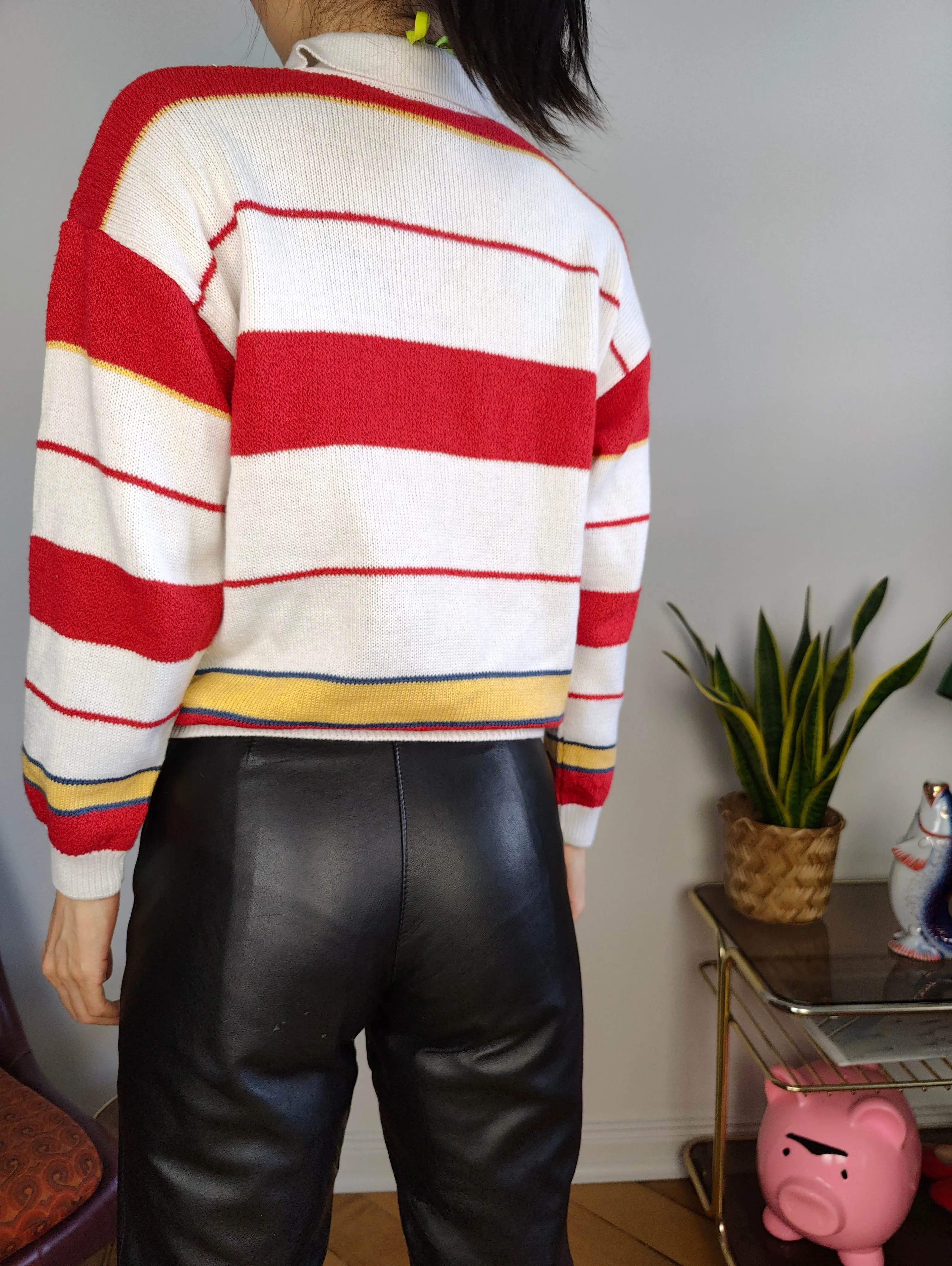 Vintage knit polo collar sweater knitted top pullover jumper white red stripes XS-S