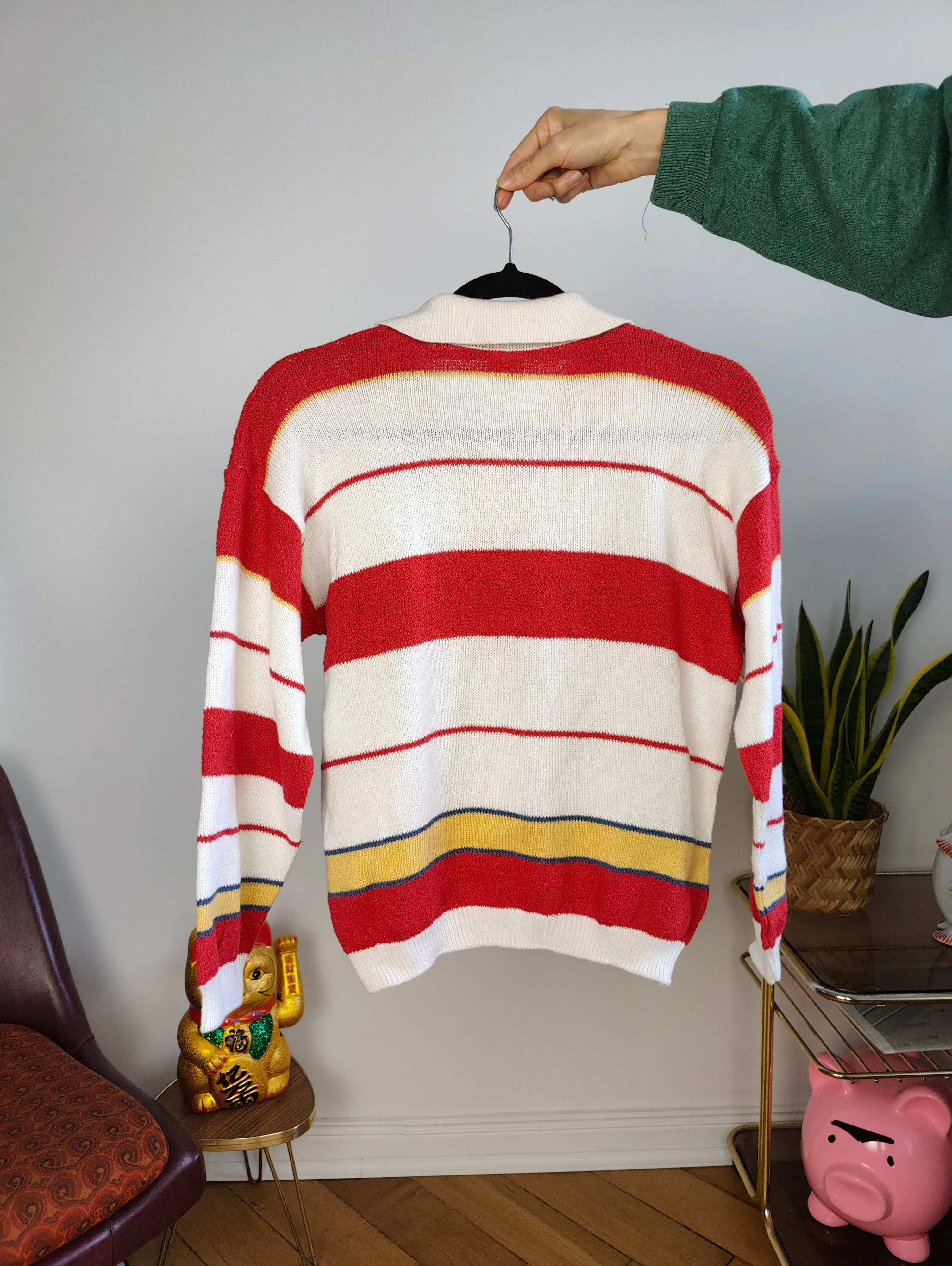 Vintage knit polo collar sweater knitted top pullover jumper white red stripes XS-S