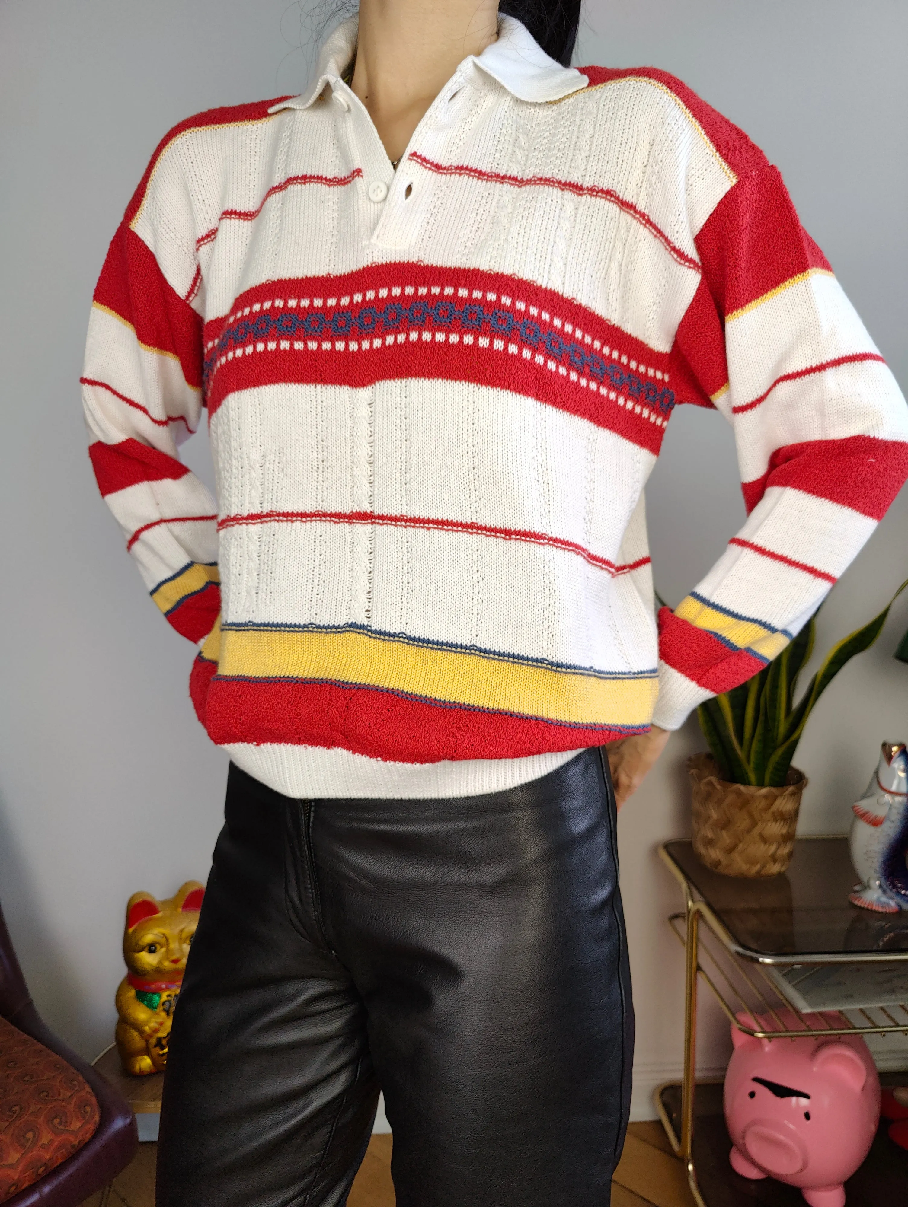 Vintage knit polo collar sweater knitted top pullover jumper white red stripes XS-S